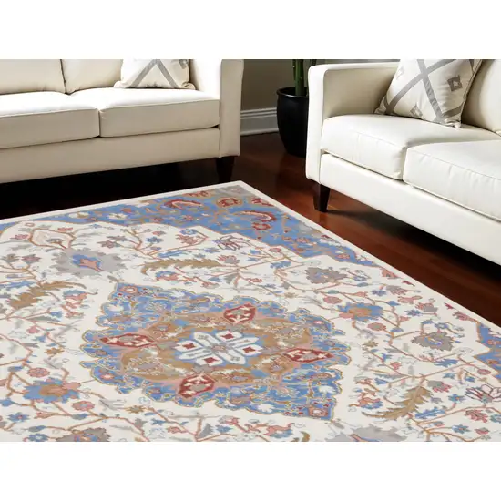 Ivory Tan and Blue Floral Medallion Non Skid Area Rug Photo 1