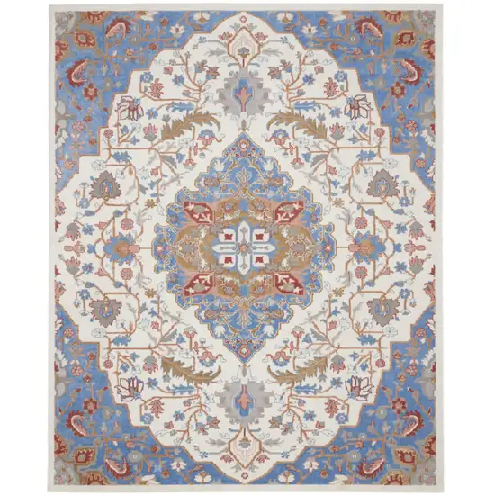 Ivory Tan and Blue Floral Medallion Non Skid Area Rug Photo 2