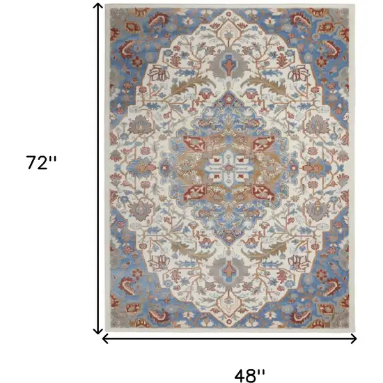 Ivory Tan and Blue Floral Medallion Non Skid Area Rug Photo 3