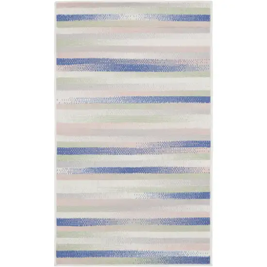 Ivory Tan and Blue Striped Area Rug Photo 2