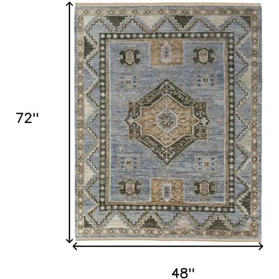 Ivory Tan and Blue Wool Oriental Hand Knotted Area Rug With Fringe Photo 3