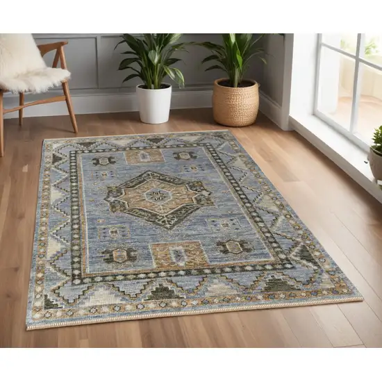 Ivory Tan and Blue Wool Oriental Hand Knotted Area Rug With Fringe Photo 1