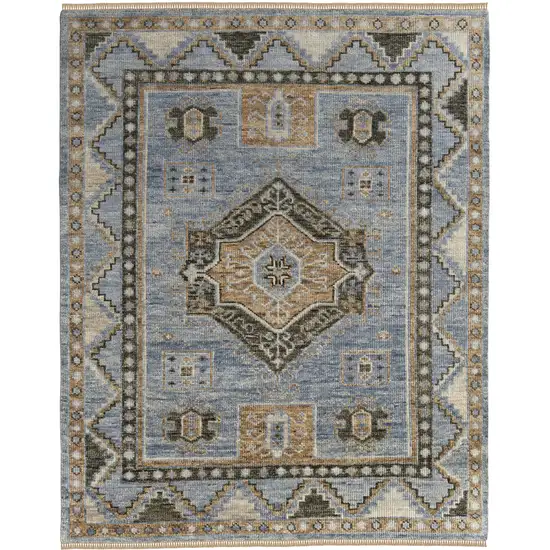 Ivory Tan and Blue Wool Oriental Hand Knotted Area Rug With Fringe Photo 5