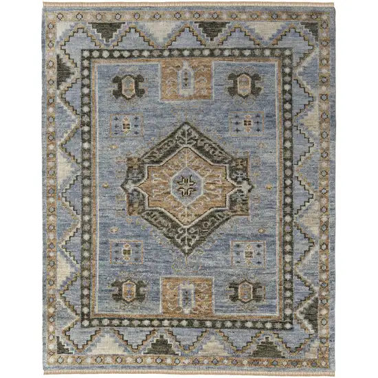 Ivory Tan and Blue Wool Oriental Hand Knotted Area Rug With Fringe Photo 2