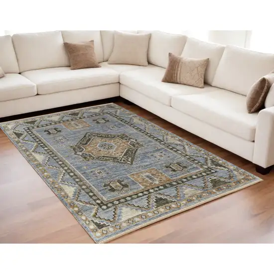 Ivory Tan and Blue Wool Oriental Hand Knotted Area Rug With Fringe Photo 1