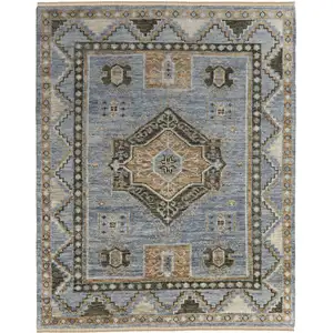 Photo of Ivory Tan and Blue Wool Oriental Hand Knotted Area Rug With Fringe