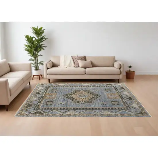 Ivory Tan and Blue Wool Oriental Hand Knotted Area Rug With Fringe Photo 1