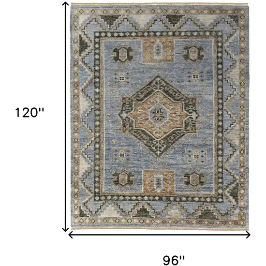 Ivory Tan and Blue Wool Oriental Hand Knotted Area Rug With Fringe Photo 3