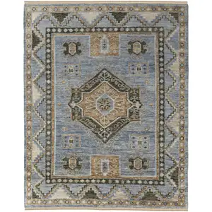 Photo of Ivory Tan and Blue Wool Oriental Hand Knotted Area Rug With Fringe