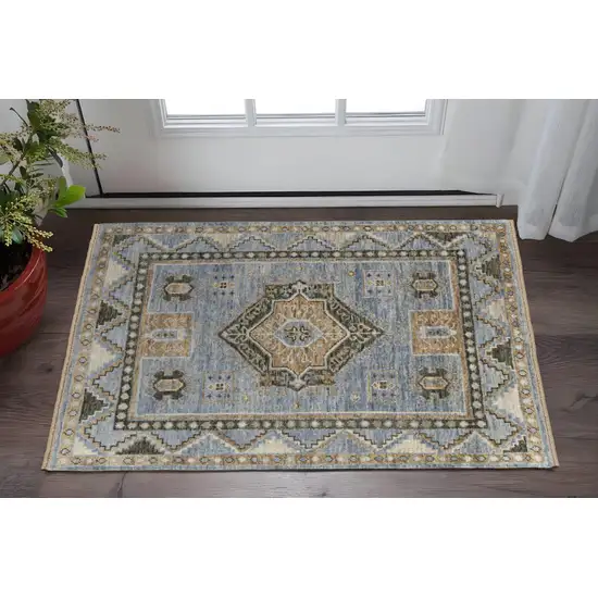 Ivory Tan and Blue Wool Oriental Hand Knotted Area Rug With Fringe Photo 1