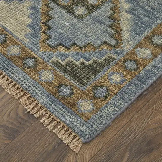 Ivory Tan and Blue Wool Oriental Hand Knotted Area Rug With Fringe Photo 8