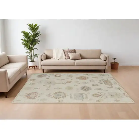 Ivory Tan and Gray Wool Floral Hand Knotted Area Rug Photo 1