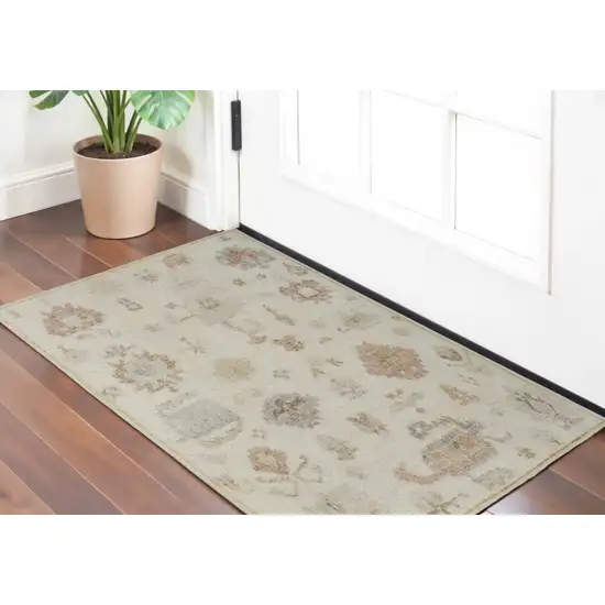 Ivory Tan and Gray Wool Floral Hand Knotted Area Rug Photo 1