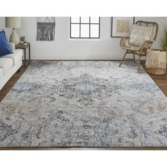 Ivory Taupe And Blue Floral Power Loom Distressed Stain Resistant Area Rug Photo 6