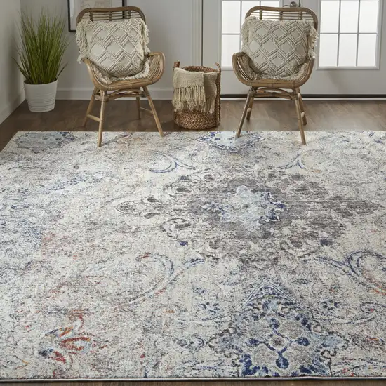 Ivory Taupe And Blue Floral Power Loom Distressed Stain Resistant Area Rug Photo 8