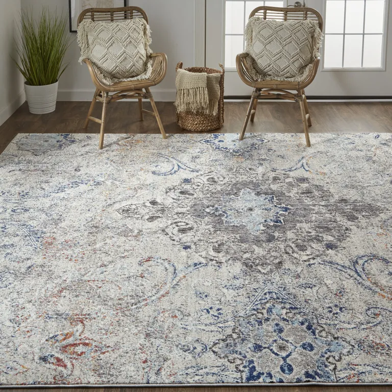 Ivory Taupe And Blue Floral Power Loom Distressed Stain Resistant Area Rug Photo 2