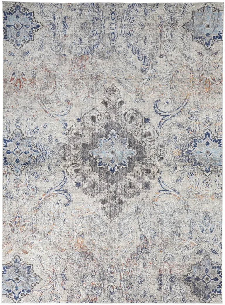 Ivory Taupe And Blue Floral Power Loom Distressed Stain Resistant Area Rug Photo 3