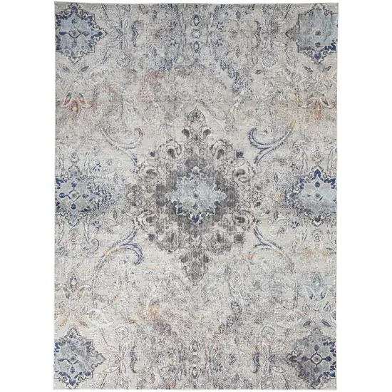 Ivory Taupe And Blue Floral Power Loom Distressed Stain Resistant Area Rug Photo 1