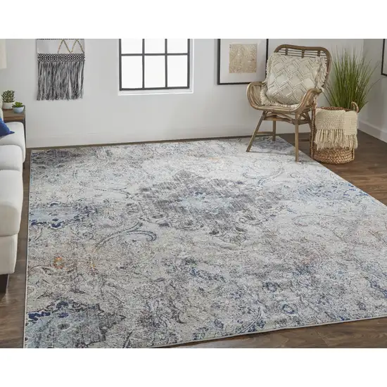 Ivory Taupe And Blue Floral Power Loom Distressed Stain Resistant Area Rug Photo 7