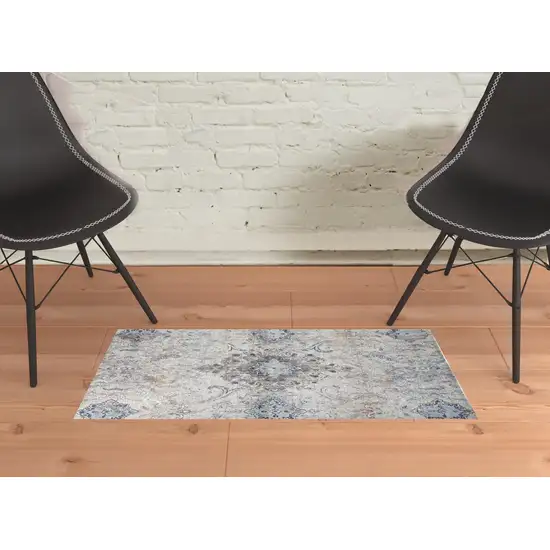 Ivory Taupe And Blue Floral Power Loom Distressed Stain Resistant Area Rug Photo 2