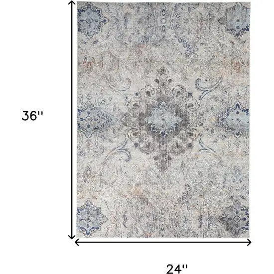 Ivory Taupe And Blue Floral Power Loom Distressed Stain Resistant Area Rug Photo 9