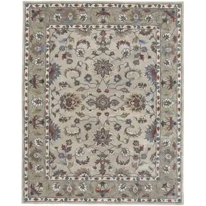 Photo of Ivory Taupe And Blue Wool Floral Tufted Handmade Stain Resistant Area Rug