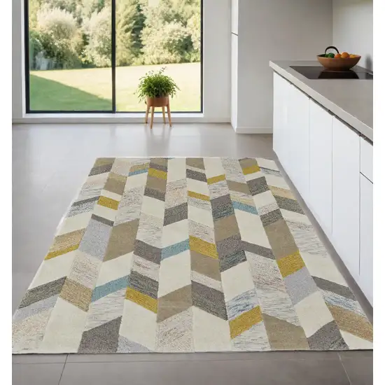 Ivory Taupe And Blue Wool Geometric Tufted Handmade Area Rug Photo 1