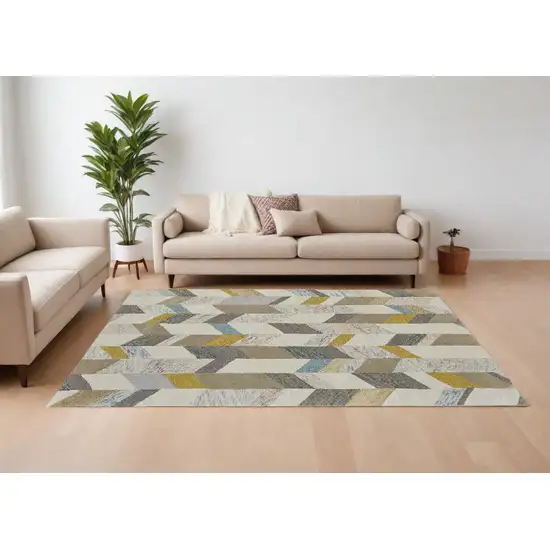 Ivory Taupe And Blue Wool Geometric Tufted Handmade Area Rug Photo 1