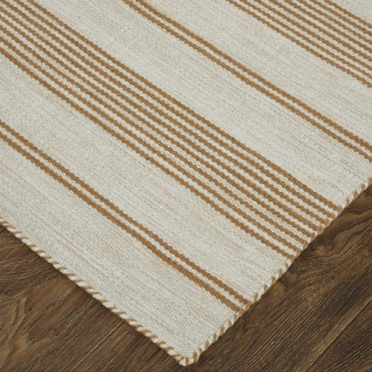 Ivory Taupe And Brown Striped Dhurrie Hand Woven Stain Resistant Area Rug Photo 3