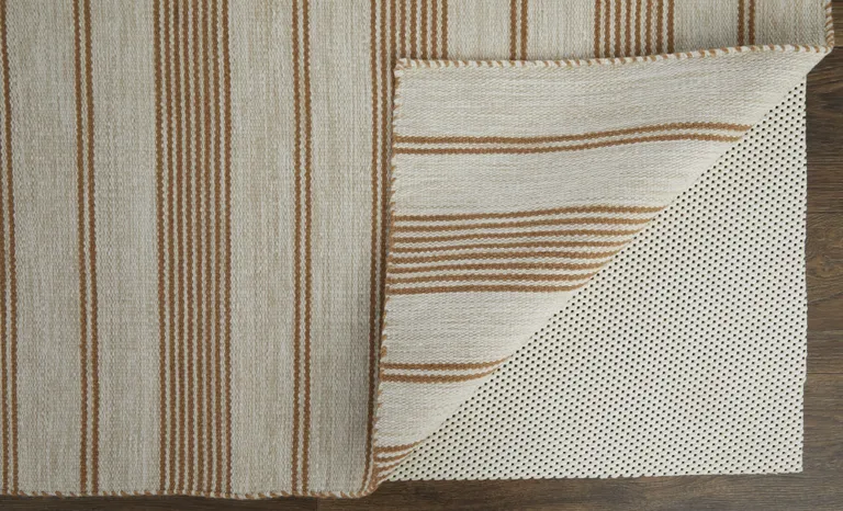 Ivory Taupe And Brown Striped Dhurrie Hand Woven Stain Resistant Area Rug Photo 4