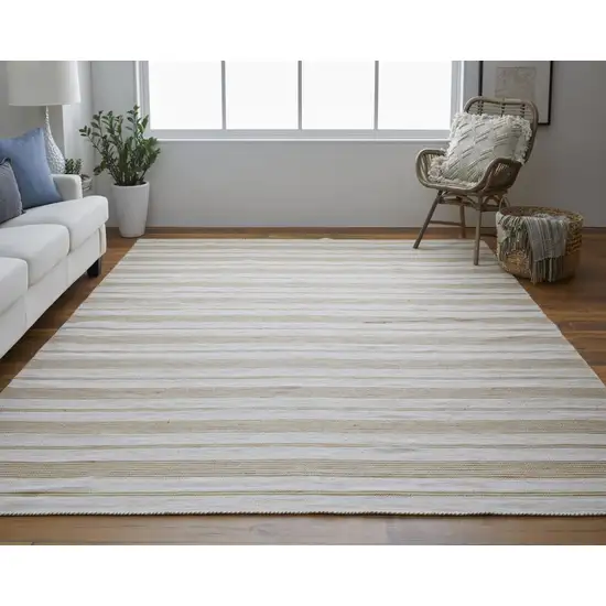 Ivory Taupe And Brown Striped Dhurrie Hand Woven Stain Resistant Area Rug Photo 7