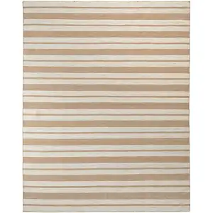 Photo of Ivory Taupe And Brown Striped Dhurrie Hand Woven Stain Resistant Area Rug