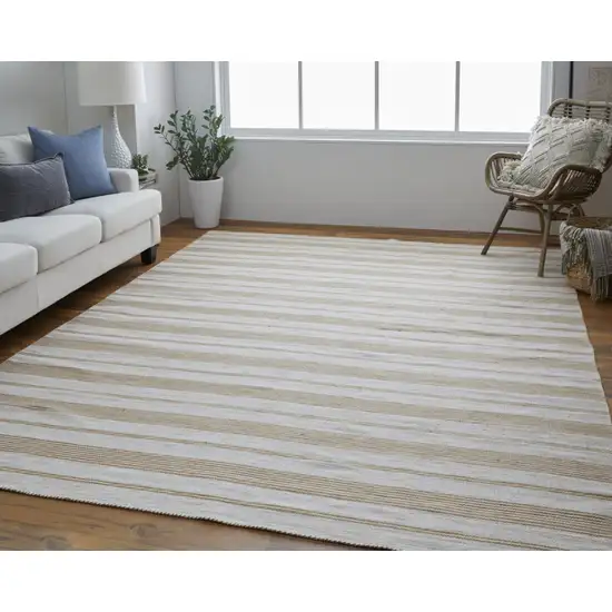 Ivory Taupe And Brown Striped Dhurrie Hand Woven Stain Resistant Area Rug Photo 6