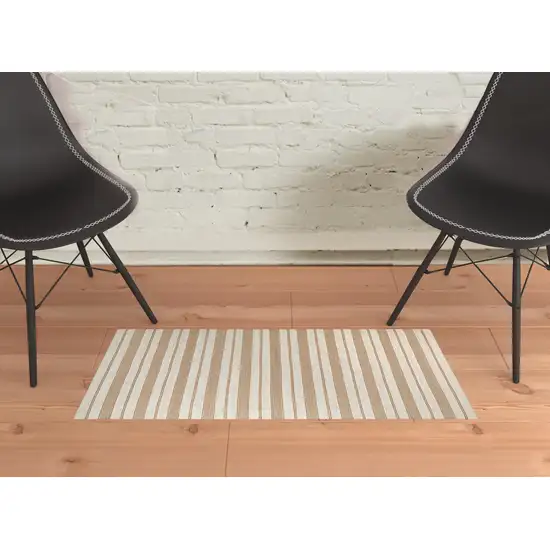 Ivory Taupe And Brown Striped Dhurrie Hand Woven Stain Resistant Area Rug Photo 2