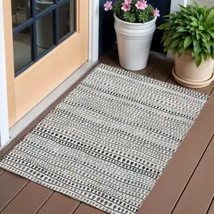 Photo of Ivory Taupe And Charcoal Striped Washable Indoor Outdoor Area Rug