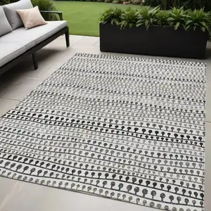 Photo of Ivory Taupe And Charcoal Striped Washable Indoor Outdoor Area Rug