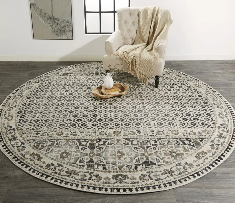 Ivory Taupe And Gray Round Abstract Stain Resistant Area Rug Photo 3