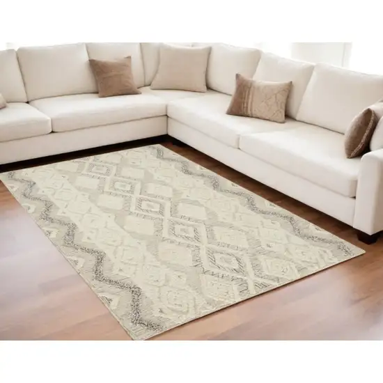 Ivory Taupe And Gray Wool Geometric Tufted Handmade Stain Resistant Area Rug Photo 2