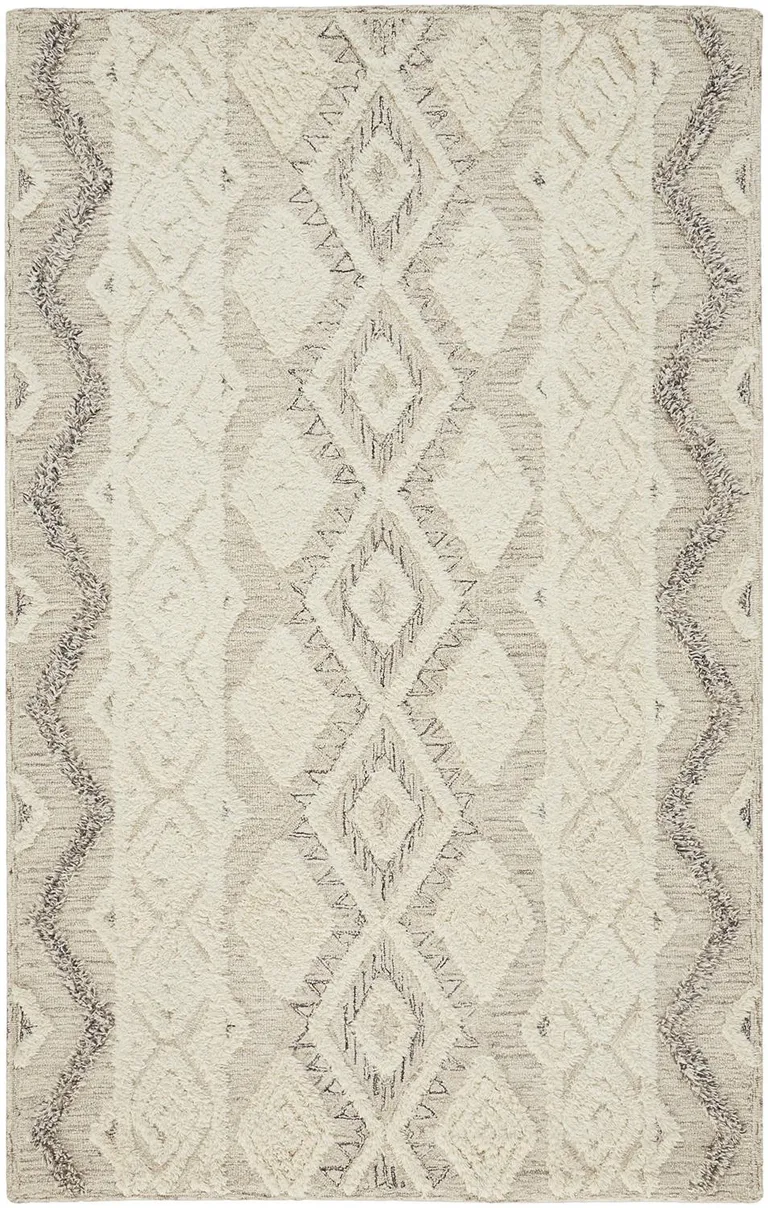 Ivory Taupe And Gray Wool Geometric Tufted Handmade Stain Resistant Area Rug Photo 1