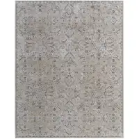 Photo of Ivory Taupe and Blue Abstract Power Loom Worn Faded Area Rug With Fringe