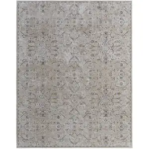 Photo of Ivory Taupe and Blue Abstract Power Loom Worn Faded Area Rug With Fringe