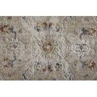 Photo of Ivory Taupe and Blue Abstract Power Loom Worn Faded Area Rug With Fringe