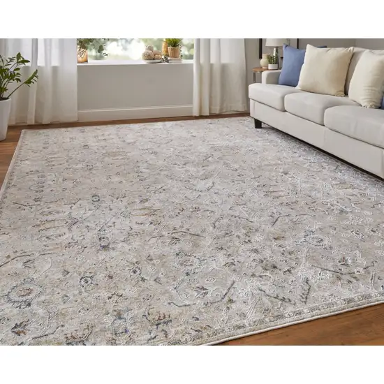 Ivory Taupe and Blue Abstract Power Loom Worn Faded Area Rug With Fringe Photo 9