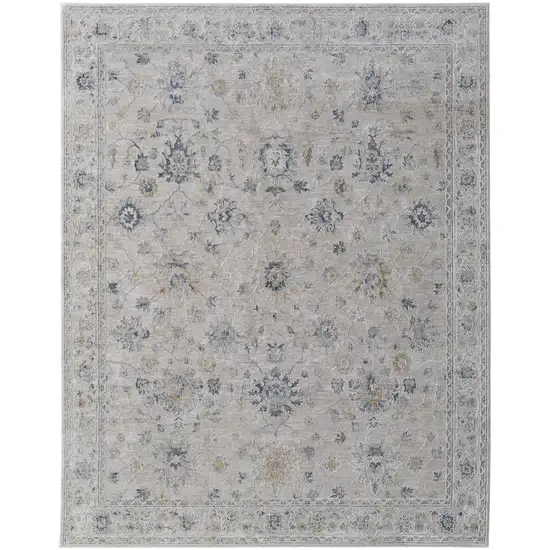 Ivory Taupe and Blue Floral Power Loom Worn Faded Area Rug With Fringe Photo 4