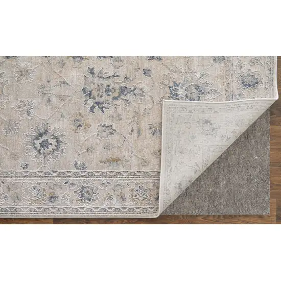 Ivory Taupe and Blue Floral Power Loom Worn Faded Area Rug With Fringe Photo 7