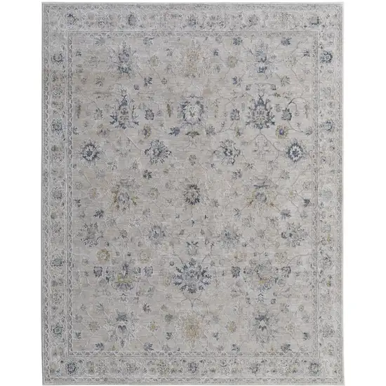 Ivory Taupe and Blue Floral Power Loom Worn Faded Area Rug With Fringe Photo 5