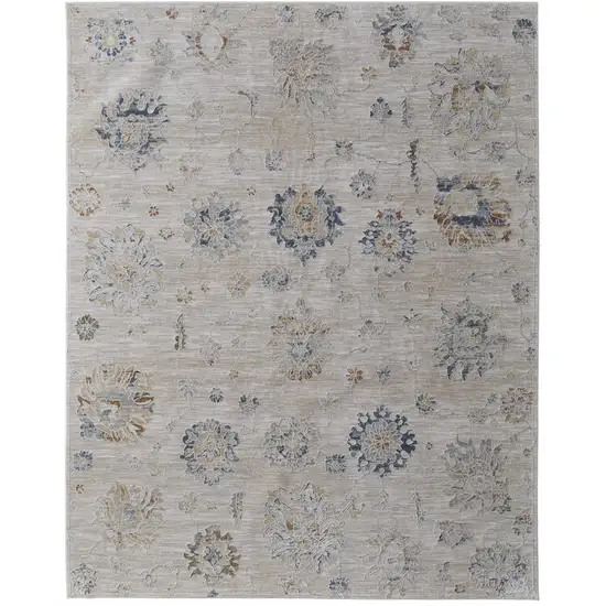 Ivory Taupe and Blue Floral Power Loom Worn Faded Area Rug With Fringe Photo 1