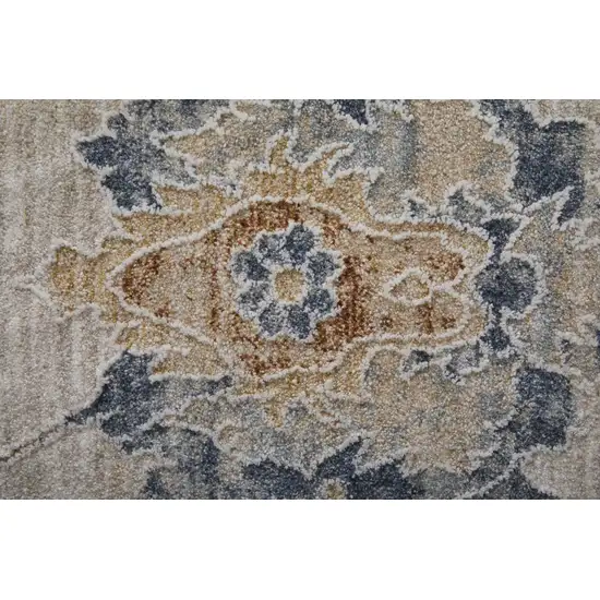 Ivory Taupe and Blue Floral Power Loom Worn Faded Area Rug With Fringe Photo 5