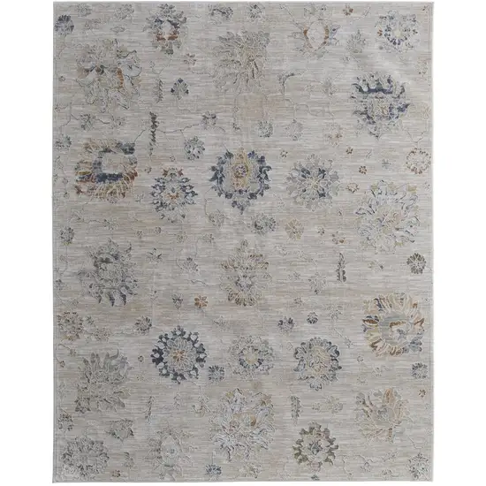 Ivory Taupe and Blue Floral Power Loom Worn Faded Area Rug With Fringe Photo 3