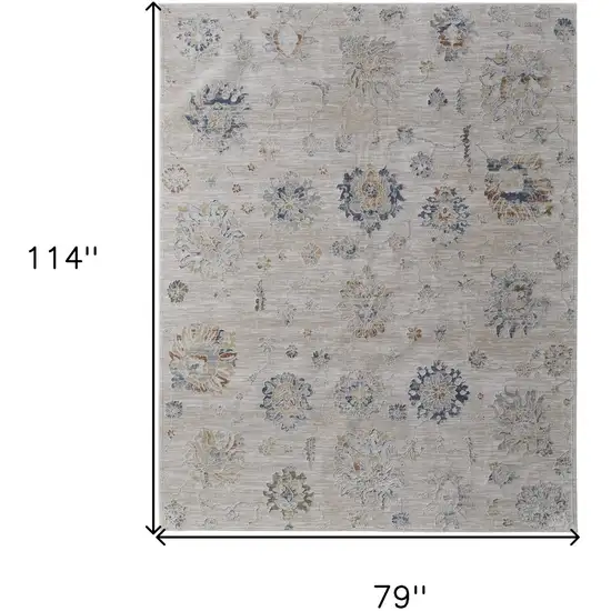 Ivory Taupe and Blue Floral Power Loom Worn Faded Area Rug With Fringe Photo 3